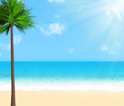 Summer beach with palm tree, clouds and sunshine. 스톡 일러스트