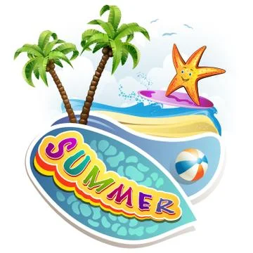 Summer beach with palm trees and starfish surfing Stock Illustration