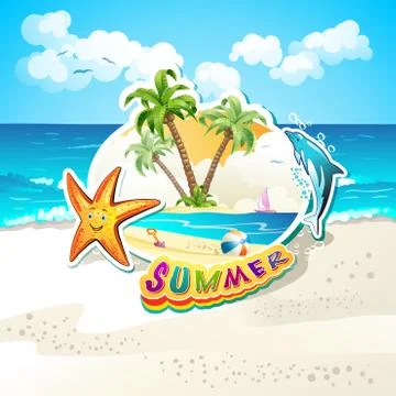 Summer beach with palm trees, starfish and sea waves Stock Illustration