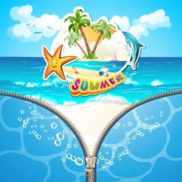 Summer beach with palm trees, starfish and sea waves covered by zipper Stock Illustration