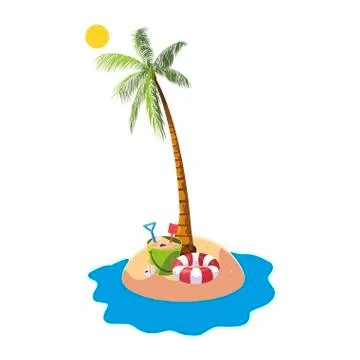 Summer beach with palms and float lifeguard scene Stock Illustration