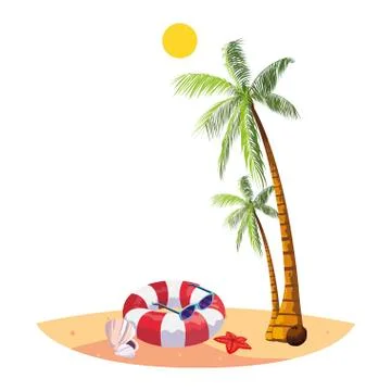 Summer beach with palms and float scene Stock Illustration