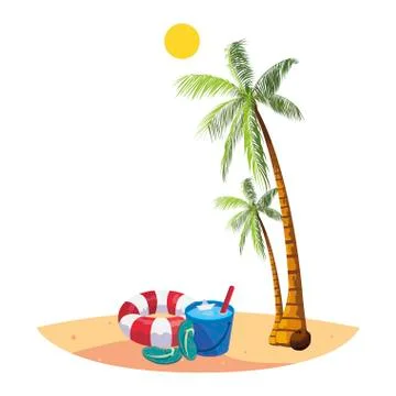 Summer beach with palms and float scene Stock Illustration