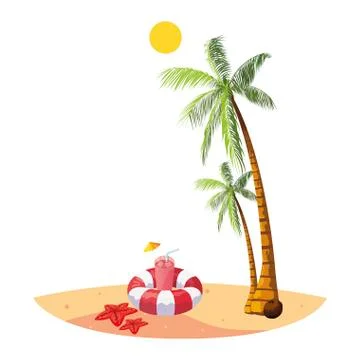 Summer beach with palms and float scene Stock Illustration