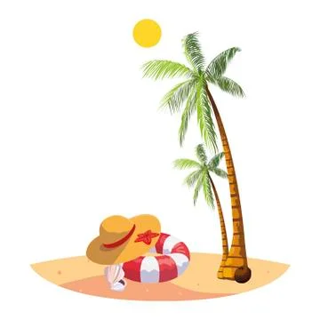 Summer beach with palms and float scene Stock Illustration