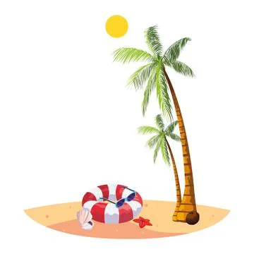 Summer beach with palms and float scene Stock Illustration