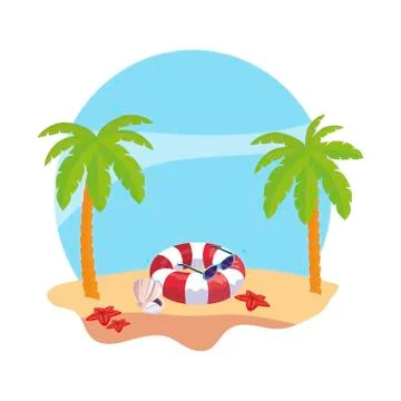 Summer beach with palms and float scene Stock Illustration