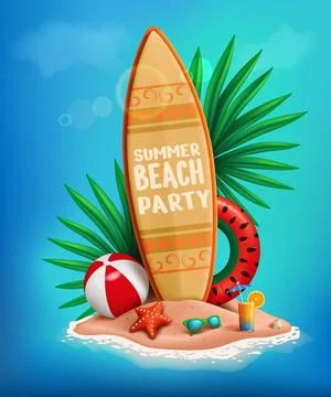 Summer beach party. 3D surfboard and tropical cocktail. Holiday on sand island Stock Illustration