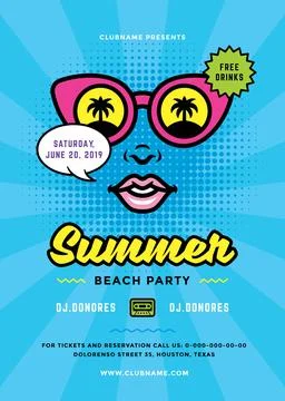 Summer beach party flyer or poster template 90s pop art typography style desi Ilustração Stock