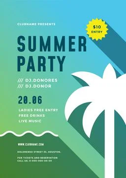 Summer beach party flyer or poster template modern typography style design. Ilustração Stock