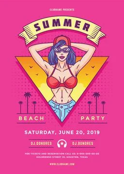 Summer beach party flyer or poster template 90s pop art typography style desi Stock-Illustration