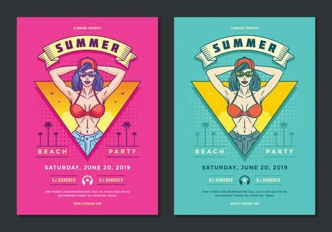Summer beach party flyer or poster template 90s pop art style Ilustração Stock