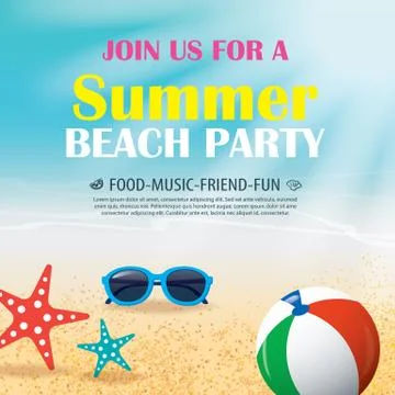 Summer beach party invitation poster with element and blue water. Vector vaca Stock Illustration
