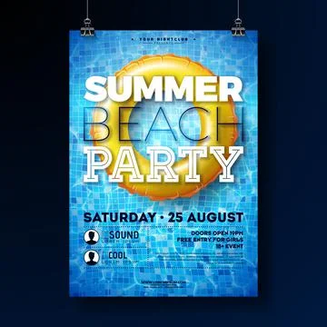 Summer Beach Party Poster Design Template with Float on Water in the Tiled Pool Stock Illustration