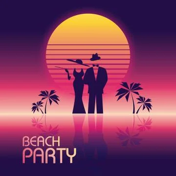 Summer beach party vector banner or flyer template. 80s retro neon glow style Illustrazione stock
