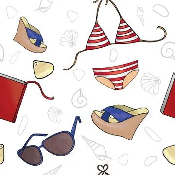 Summer beach pattern. All for a summer vacation. Swimsuit, sunglasses and a book Illustrazione stock
