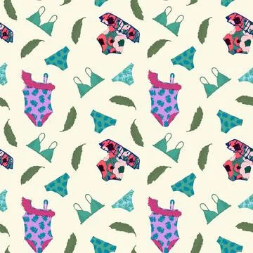 Summer beach pattern. Colorful set for the background. Banana leaves, swimwear Stock Illustration