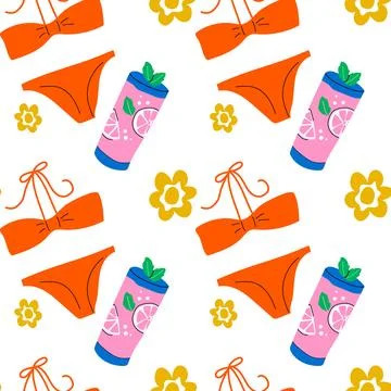Summer beach pattern with orange bikini soda can and flowers on white backgro 스톡 일러스트