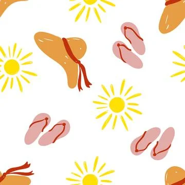 Summer beach pattern with sun hats and flip flops Stock Illustration