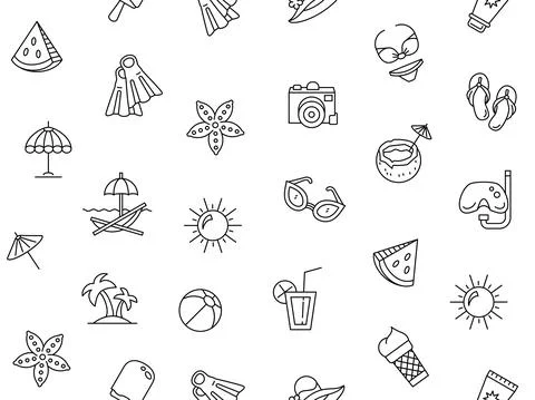 Summer beach pattern. Sun icon texture, holiday and vacation black line eleme Illustrazione stock