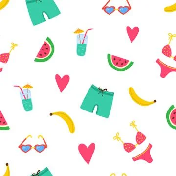 Summer beach pattern with swimsuits, watermelon pices, banana, coctail, heart Stock Illustration