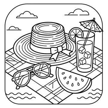 Summer Beach Picnic Items Coloring Page with Tropical Drink Stock Illustration
