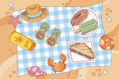 Summer beach picnic setup with cute food Stock Illustration