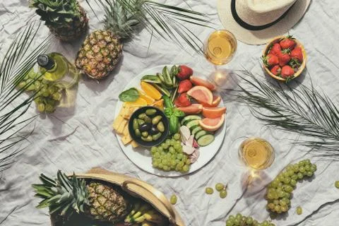 Summer beach picnic table setting concept Stock Photos
