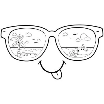 Summer beach reflected in sunglasses. Vector black and white coloring page. Stock Illustration