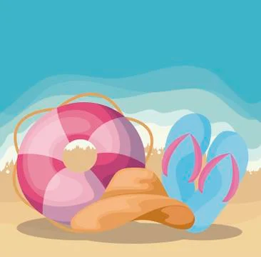 Summer beach scene with float and sandals Illustrazione stock