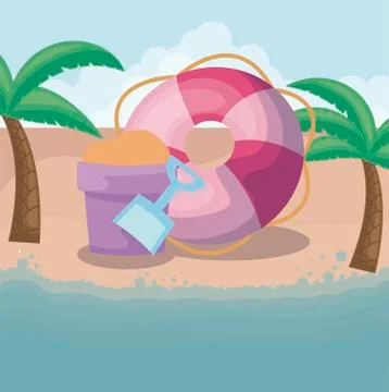 Summer beach scene with float and sand bucket Stock Illustration