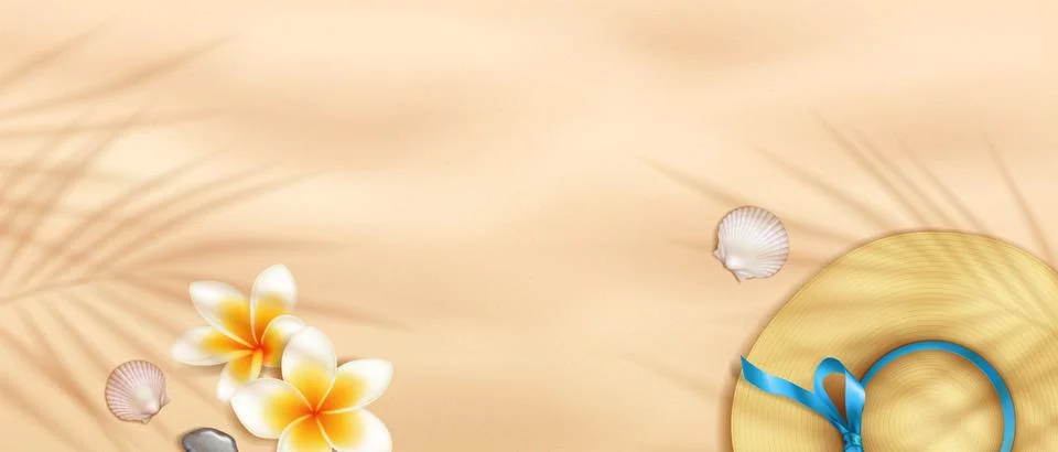 Summer Beach Scene with Hat and Flowers Stock Illustration
