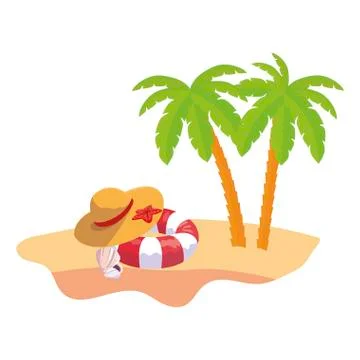 Summer beach scene with tree palms and float Illustrazione stock