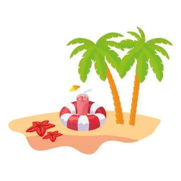 Summer beach scene with tree palms and float Stock Illustration