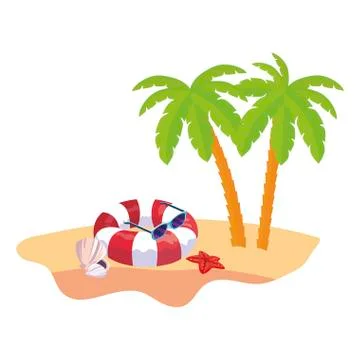 Summer beach scene with tree palms and float Stock Illustration