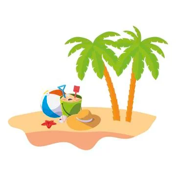 Summer beach scene with tree palms and balloon toy 스톡 일러스트