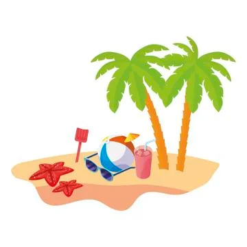 Summer beach scene with tree palms and balloon toy 스톡 일러스트
