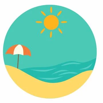 Summer Beach Scene Vector Illustration in Circle, Tropical Vacation Icon Flat De Stock Illustration