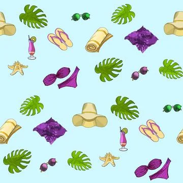 Summer beach seamless pattern on blue background Stock Illustration
