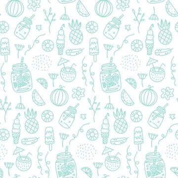 Summer beach Seamless pattern with hand drawn elements -Drinks and fruits. Glass Stock Illustration
