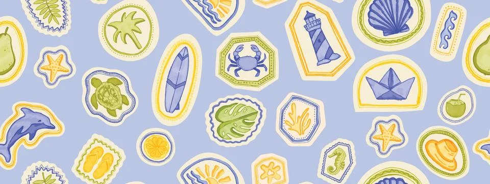 Summer beach seamless pattern, hand drawn exotic travel sticker texture Иллюстрация