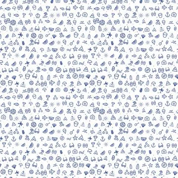 Summer beach seamless pattern, navy blue line icons on white background 스톡 일러스트