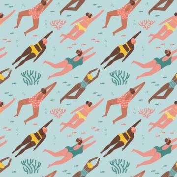 Summer beach seamless pattern. Pretty women swimming in the sea. Vector flat 스톡 일러스트