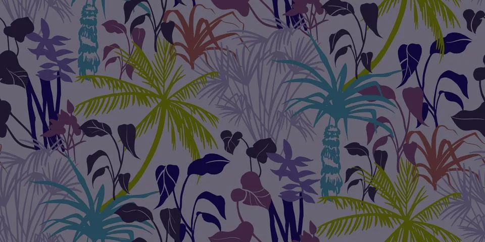 Summer beach seamless pattern with silhouettes of tropical plants and palm trees Stock-Illustration