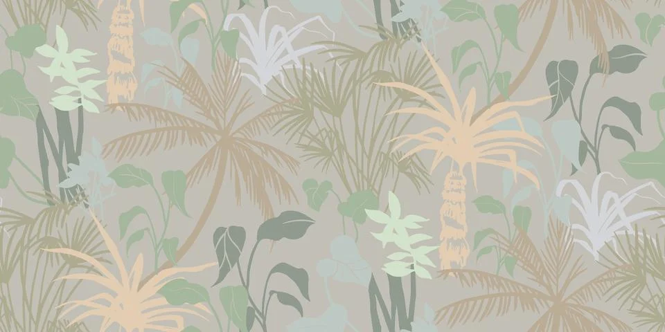 Summer beach seamless pattern with silhouettes of tropical plants and palm trees Stock Illustration