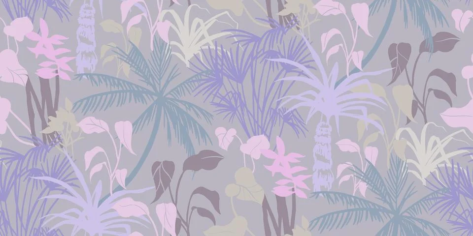 Summer beach seamless pattern with silhouettes of tropical plants and palm trees Illustrazione stock