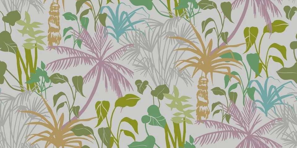 Summer beach seamless pattern with silhouettes of tropical plants and palm trees Stock Illustration