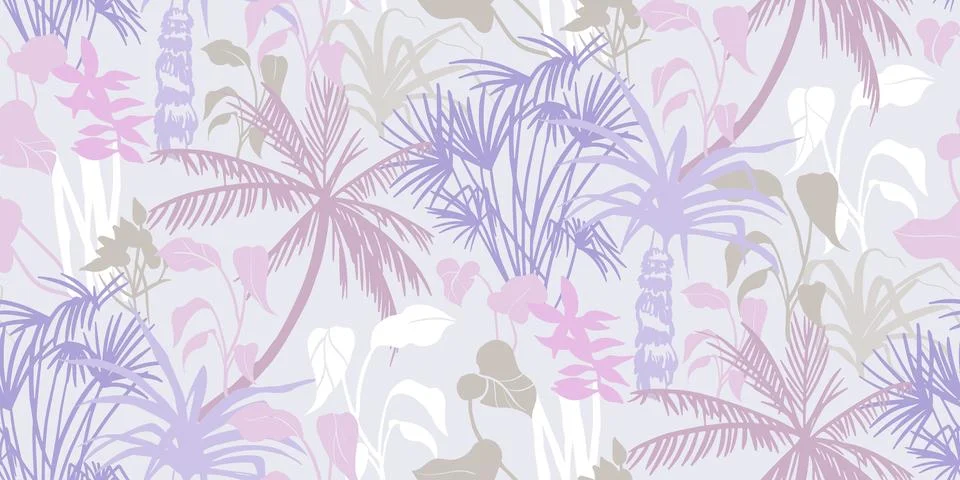 Summer beach seamless pattern with silhouettes of tropical plants and palm trees Stock Illustration