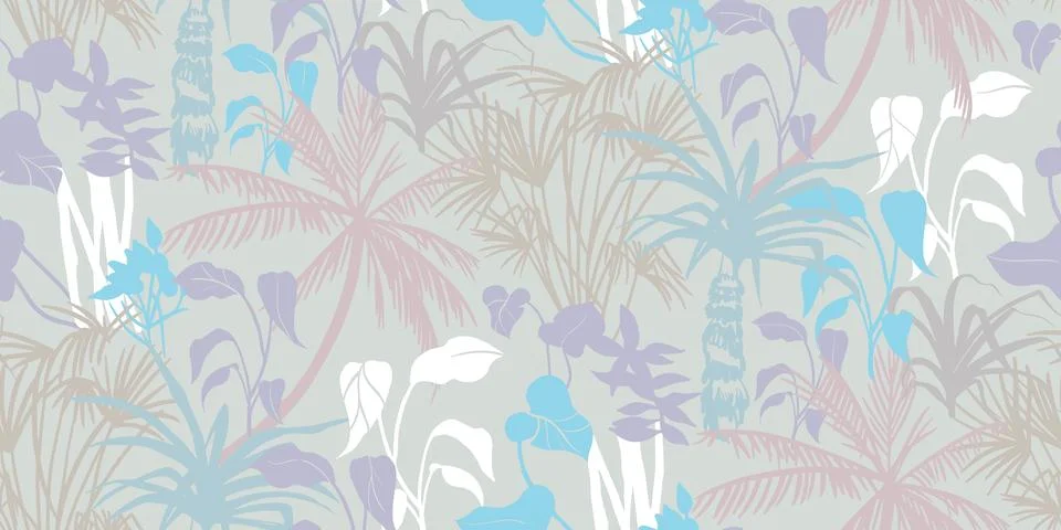 Summer beach seamless pattern with silhouettes of tropical plants and palm trees Illustrazione stock