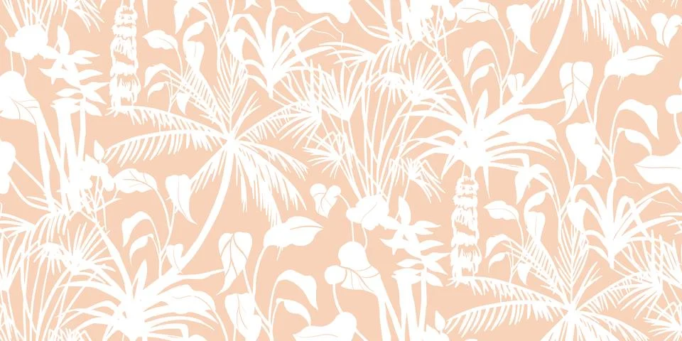Summer beach seamless pattern with silhouettes of tropical plants and palm trees Stock Illustration
